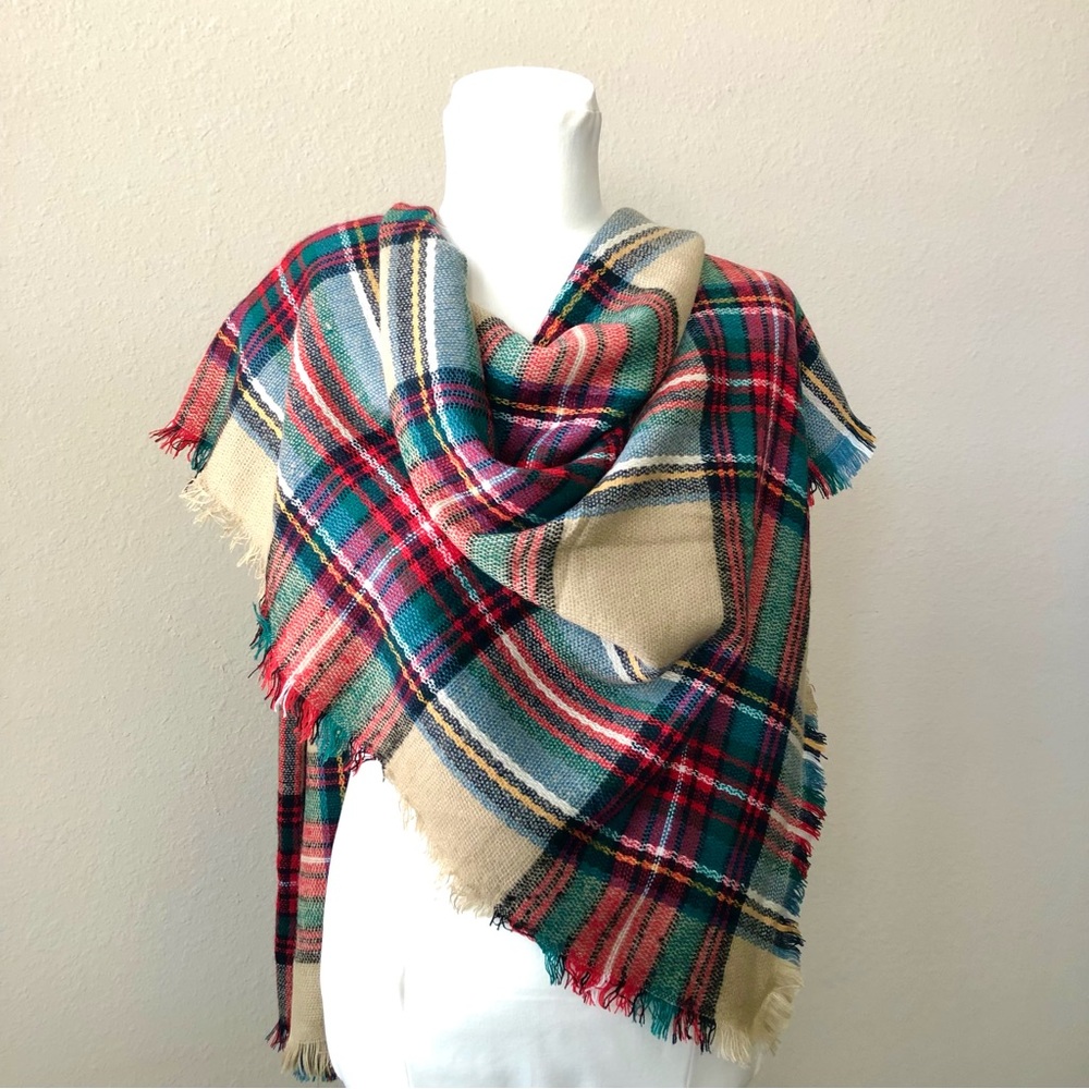 Oversize Plaid Tartan Blanket Scarf Wrap in Tan/Camel Green Red Tones
